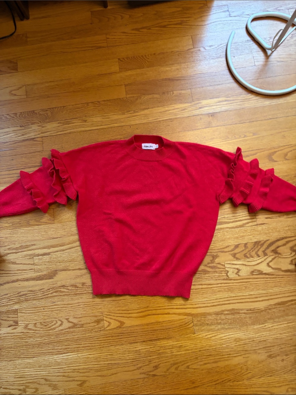 Line + Dot Ruffle-Sleeve Crewneck Sweater in Bright Red